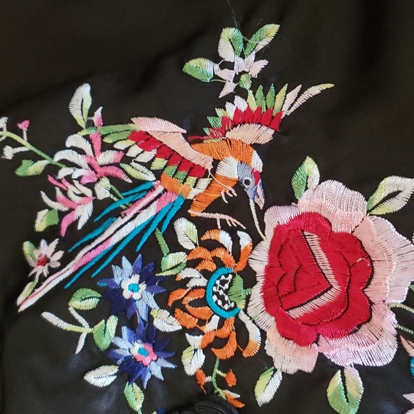 Vintage Embroidered Black Silk Satin Floral Birds Cocktail Jacket Women's Sz M - Picture 17 of 17